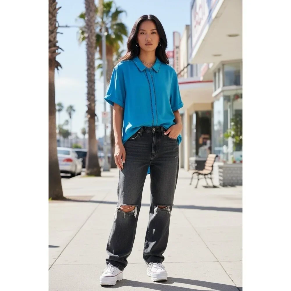 Wildfang Empower Piped Button Up Shirt Large Teal Rayon Androgynous Chic - Picture 4 of 11